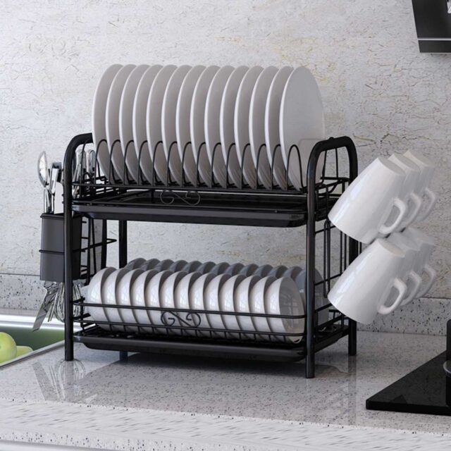 2/3 Tiers Dish Drying Rack Holder Basket Plated Iron Home Washing Great Kitchen Sink Dish Drainer Drying Rack Organizer Black